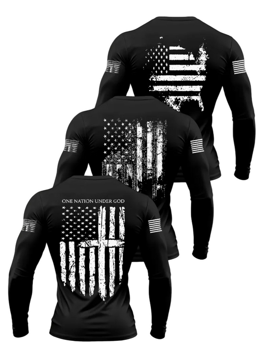 Black long-sleeve shirt with American flag design and 'Counts' branding on a white background