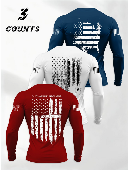Long-sleeve shirts in red, white, and blue with American flag design on a white background.